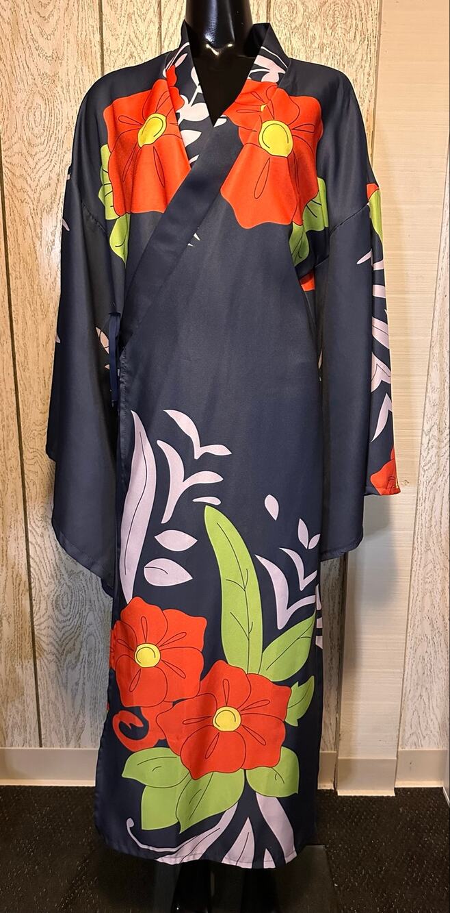 Lady Tamayo Cosplay Kimono from Demon Slayer Blue/Orange Flowers/Green Leaves